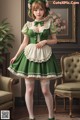 a woman in a green dress and white stockings posing for a picture