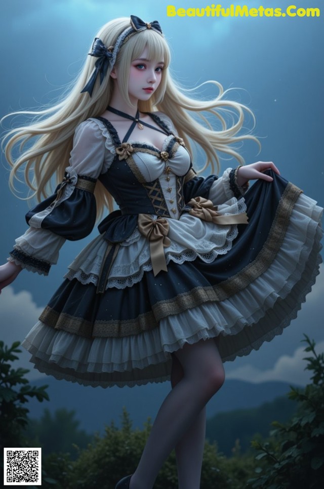 A woman in a black and white dress standing in a field.