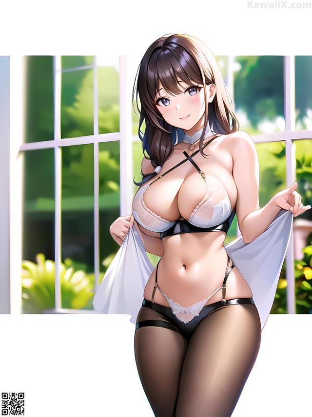 A woman in lingerie posing in front of a window.