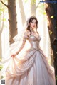 A woman in a wedding dress standing in the woods.