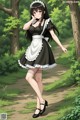 A woman in a maid outfit walking down a path in the woods.