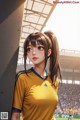 A girl in a yellow soccer jersey leaning against a wall.